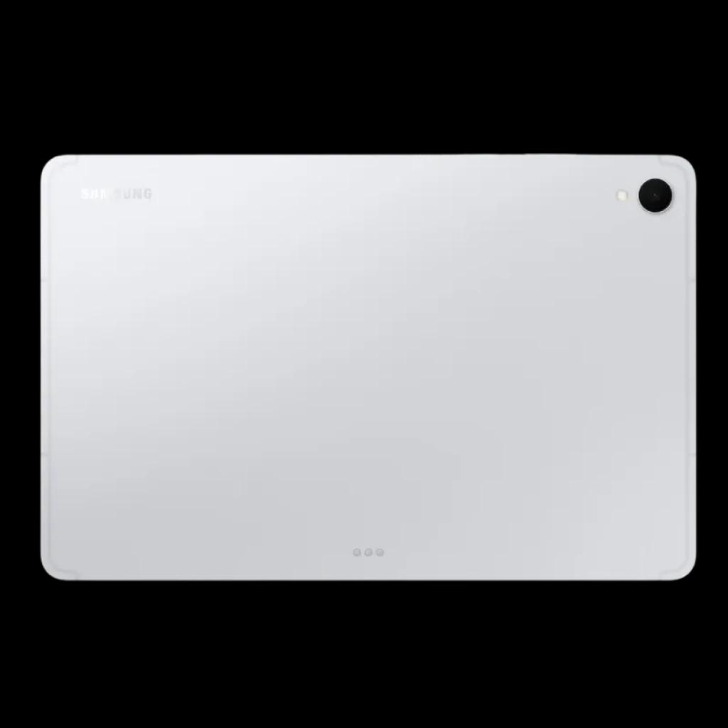 Samsung Galaxy Tab S11 Plata vista trasera, acabado metálico, cámara única en esquina, diseño delgado y minimalista, conectores magnéticos inferiores