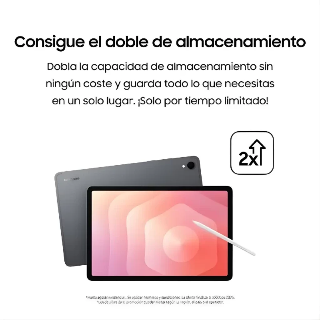 Tablet Samsung Galaxy Tab S11 plata con pantalla 11 pulgadas, cuerpo delgado gris oscuro, cámara trasera única y S Pen blanco al frente