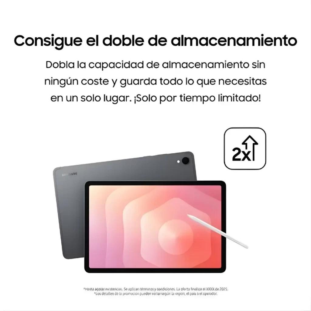 Tablet Samsung Galaxy Tab S11 plata con pantalla 11 pulgadas, cuerpo delgado gris oscuro, cámara trasera única y S Pen blanco al frente