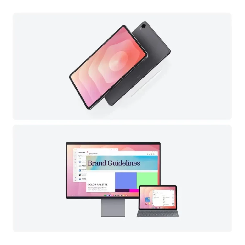 Tableta Samsung Galaxy Tab S11 plata con pantalla de 11 pulgadas, diseño delgado, cámara trasera única y compatibilidad con teclado y monitor externos