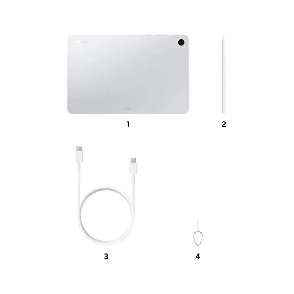 Tablet Samsung Galaxy Tab S11 plateada, 11 pulgadas, cámara trasera única, borde delgado. Incluye cable USB-C y herramienta para bandeja SIM