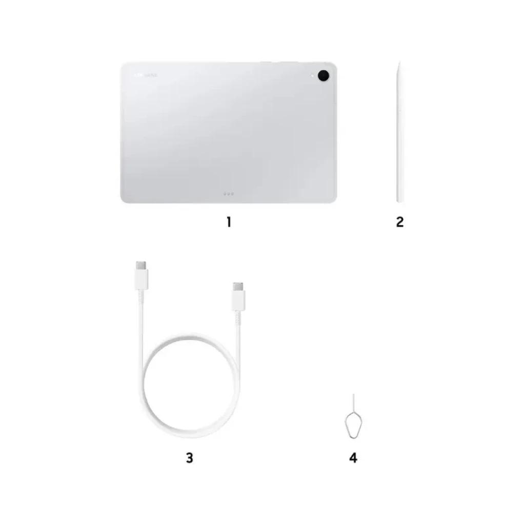 Tablet Samsung Galaxy Tab S11 plateada, 11 pulgadas, cámara trasera única, borde delgado. Incluye cable USB-C y herramienta para bandeja SIM