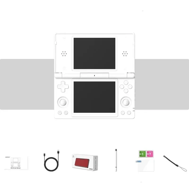 Anbernic RG DS Blanco - Consola retro plegable, doble pantalla, cruceta y botones frontales; incluye cable USB, stylus, protector de pantalla y correa