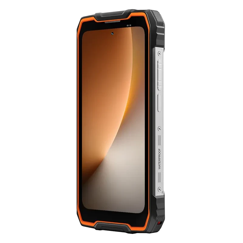 Blackview Rock 2 5G laranja robusto com moldura reforçada, tela grande sem bordas, laterais metálicas com botões e porta protegida; design resistente e
