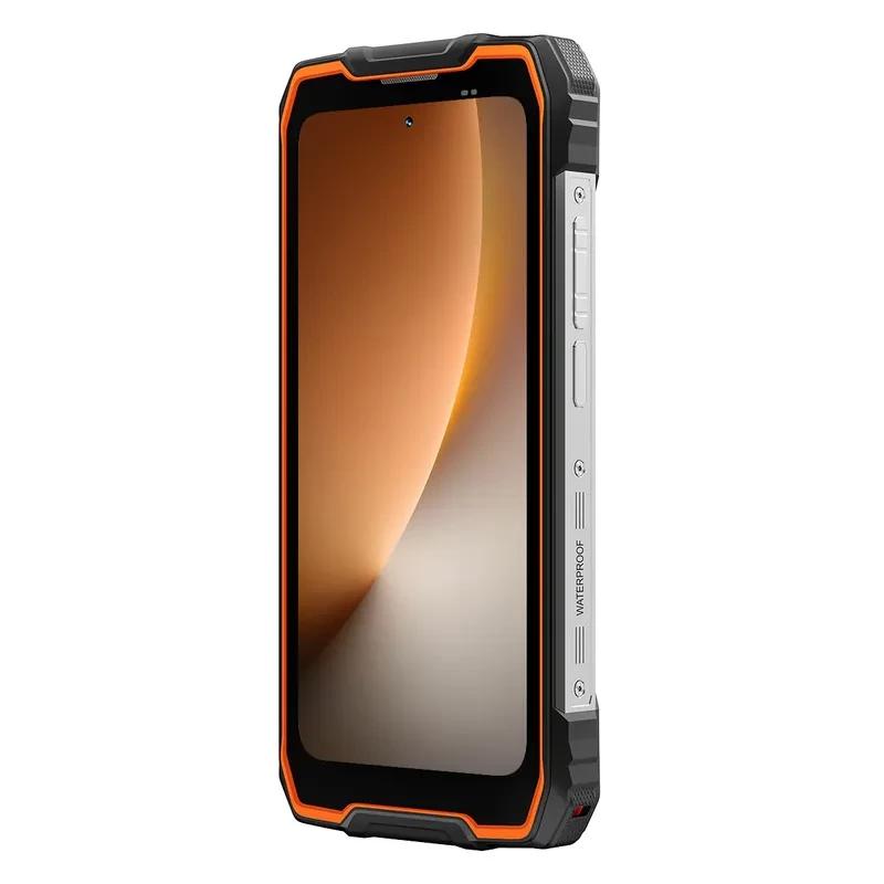 Blackview Rock 2 5G laranja robusto com moldura reforçada, tela grande sem bordas, laterais metálicas com botões e porta protegida; design resistente e