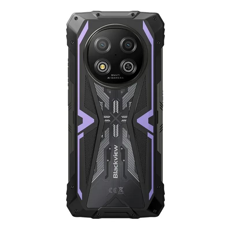 Blackview Rock 2 5G violet robuste, dos noir avec accents violets, double caméra circulaire et deux LED, coque renforcée avec vis apparentes, style industriel