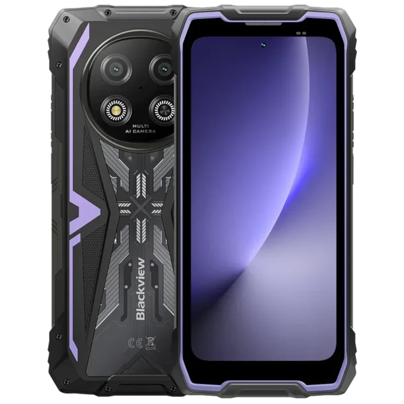 Smartphone Blackview Rock 2 5G lila con diseño rugerizado, doble cámara trasera, pantalla amplia con biseles robustos y detalles violeta en el chasis