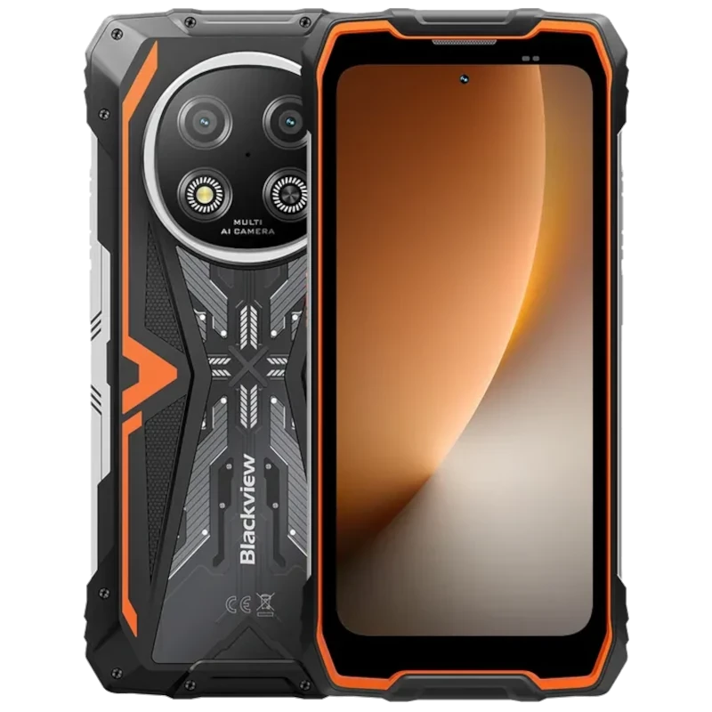 Smartphone robusto naranja con bordes reforzados, doble cámara trasera circular, pantalla completa, detalles negros y grises, diseño industrial Blackview
