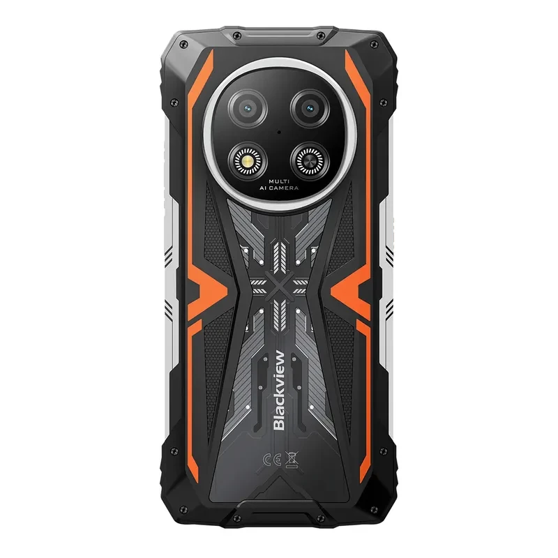 Blackview Rock 2 5G naranja con carcasa robusta negro/naranja, módulo de cámara circular dual con flashes LED, diseño industrial con detalles metálicos y