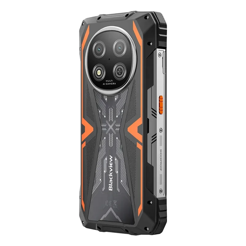 Blackview Rock 2 5G naranja robusto con carcasa reforzada, detalles en negro y naranja, módulo de cámara dual trasera grande y bordes antideslizantes