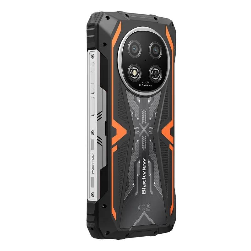 Blackview Rock 2 5G naranja robusto con carcasa resistente, bordes metálicos y detalles en X; módulo trasero redondo con doble cámara y luces LED