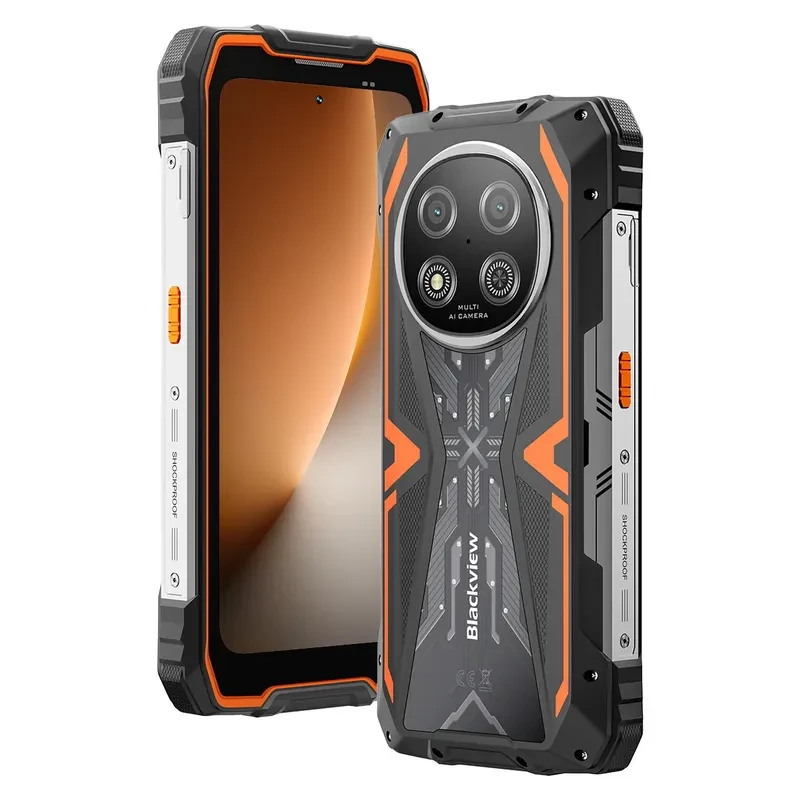 Blackview Rock 2 5G naranja robusto con bordes reforzados, triple cámara trasera circular, pantalla grande sin notch y laterales metálicos con tornillos