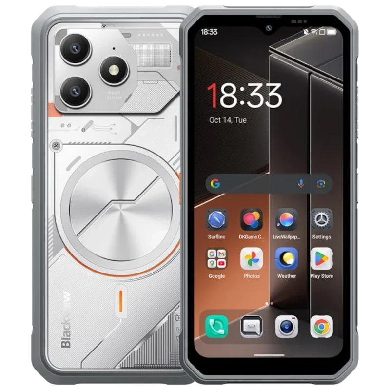 Blackview Fort 100 branco com corpo robusto prateado, tela com bordas reforçadas, duas câmeras traseiras grandes, detalhes laranja e design industrial