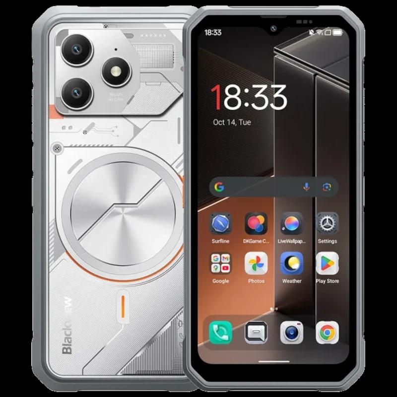 Blackview Fort 100 branco com corpo robusto prateado, tela com bordas reforçadas, duas câmeras traseiras grandes, detalhes laranja e design industrial