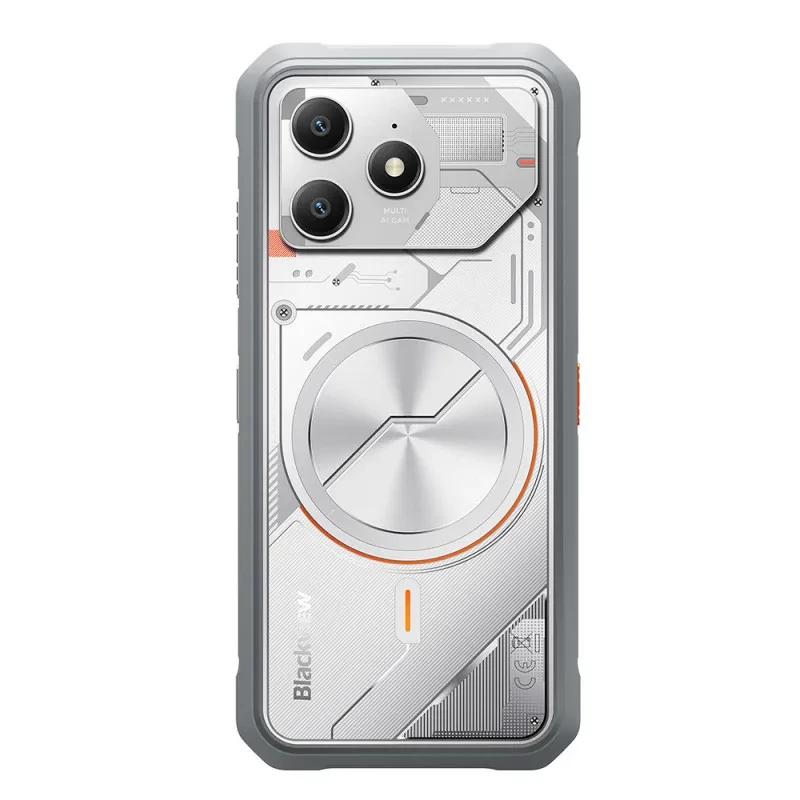 Capa traseira do Blackview Fort 100 branca com design industrial, anel metálico central, módulo triplo de câmeras salientes e bordas reforçadas cinza