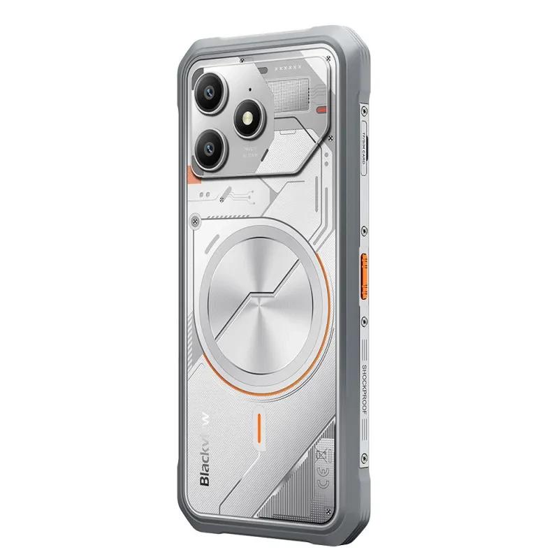 Capa traseira branca robusta com design industrial, anel central metálico, bordas reforçadas cinza e módulo de câmera dupla destacado com detalhes laranja