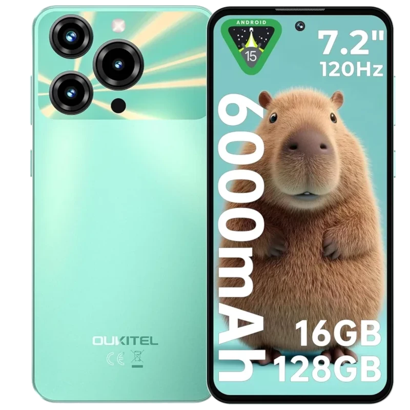 Oukitel C69 verde con triple cámara trasera y pantalla 7.2 pulgadas 120 Hz; texto indica 6000 mAh, 16 GB RAM y 256 GB, Android 15 con icono Gemini AI