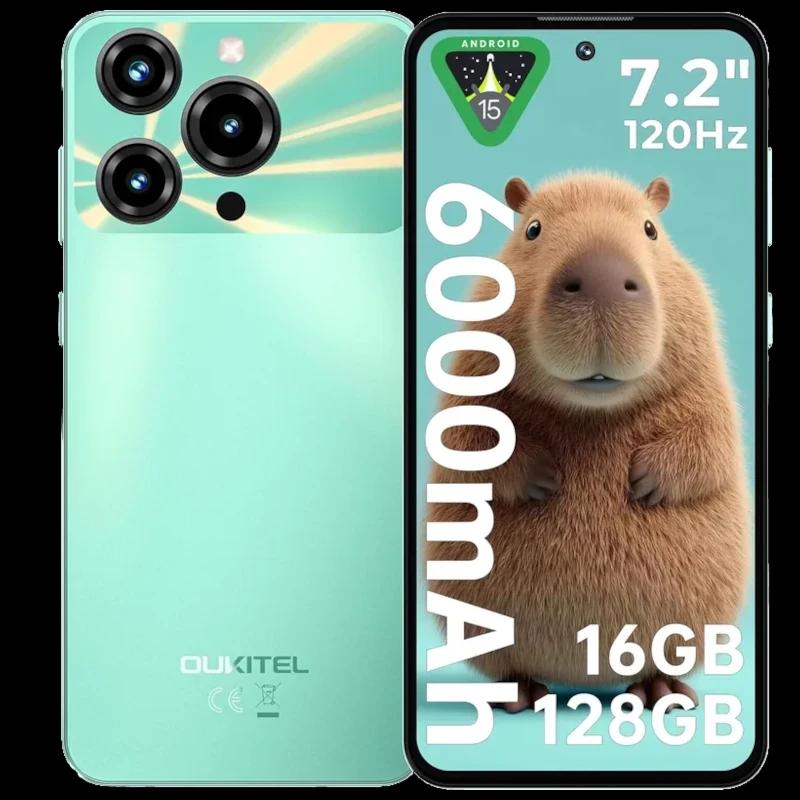 Smartphone Oukitel C69 vert menthe avec triple caméra arrière proéminente, grand écran 7.2 pouces 120 Hz, bordures fines et module photo circulaire