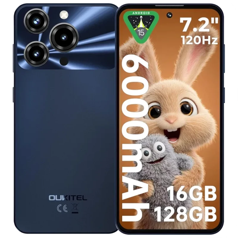 Oukitel C69 negro con triple cámara trasera, pantalla 7.2 pulgadas 120Hz, selfie en agujero, batería 6000mAh, 512GB y RAM expandible hasta 16GB