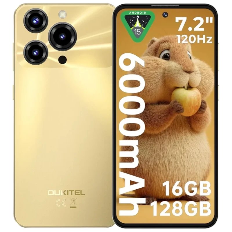 Oukitel C69 dorado con pantalla 7.2 pulgadas 120Hz, triple cámara trasera con módulo circular, batería 6000 mAh, 256GB y marco fino en color oro