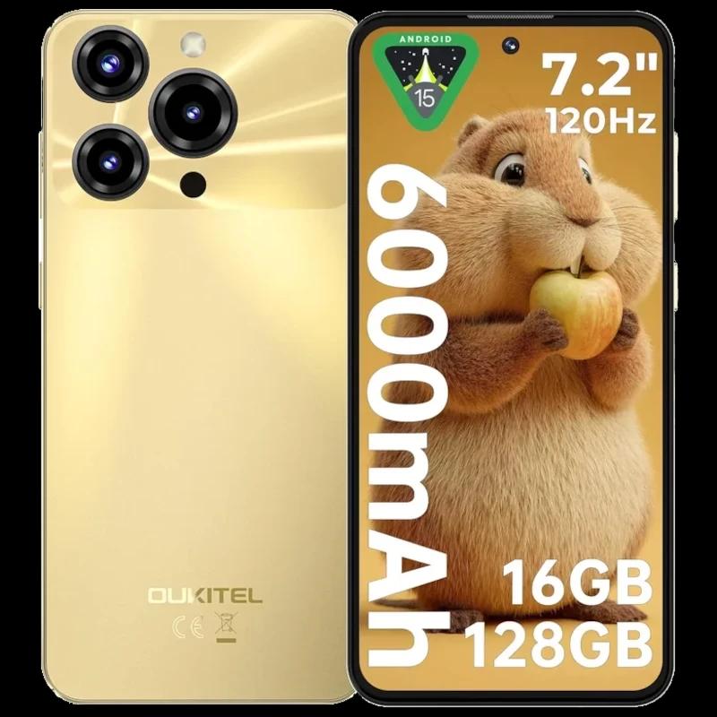 Oukitel C69 dorado con pantalla 7.2 pulgadas 120Hz, triple cámara trasera con módulo circular, batería 6000 mAh, 256GB y marco fino en color oro