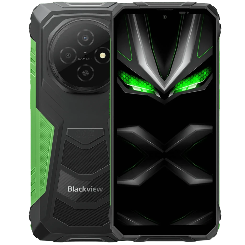 Blackview Fort 1 256GB verde robusto con carcasa rugerizada, triple cámara trasera, pantalla con detalles verdes, 6GB RAM y batería 10000 mAh