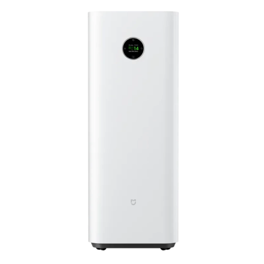 Mijia Smart Air Purifier Max com filtro duplo, torre branca minimalista com ecrã OLED circular frontal e base escura; design vertical elegante