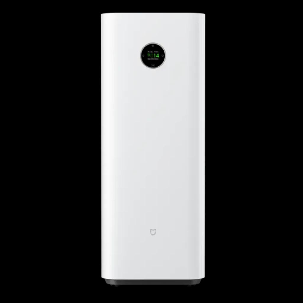 Mijia Smart Air Purifier Max com filtro duplo, torre branca minimalista com ecrã OLED circular frontal e base escura; design vertical elegante