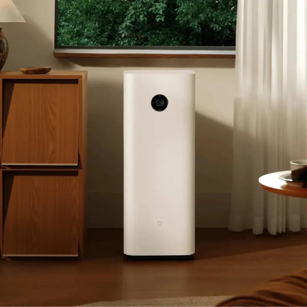 Mijia Smart Air Purifier Max con filtro doble, torre blanca minimalista con pantalla circular OLED frontal, bordes redondeados y diseño para sala moderna