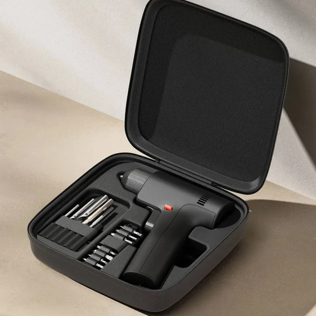 Mijia Brushless Cordless Drill 2 14,4 V 1900 mAh - Perceuse sans fil avec mallette rigide, perceuse noire, forets et embouts rangés, bouton rouge visible