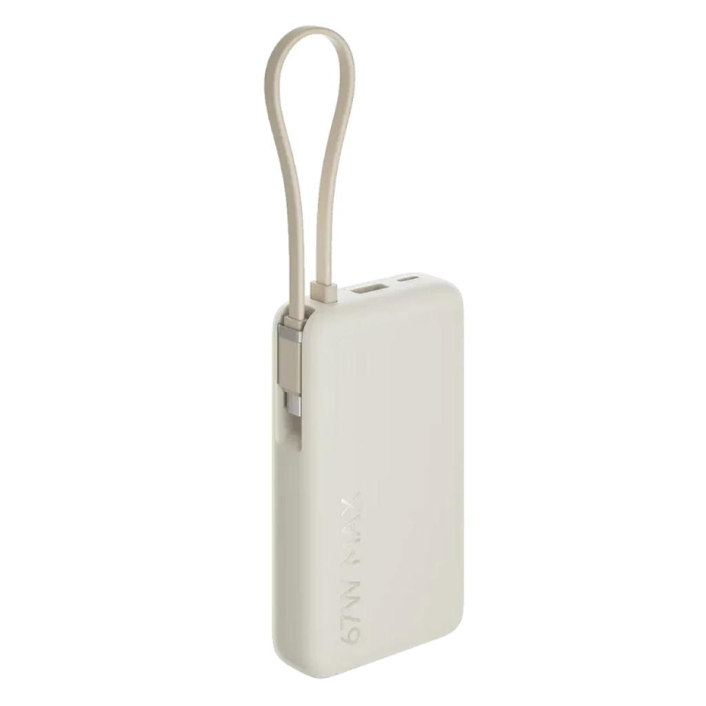 Vue à 45 degrés du Xiaomi 67W Power Bank 10000 avec câble USB-C intégré, couleur beige