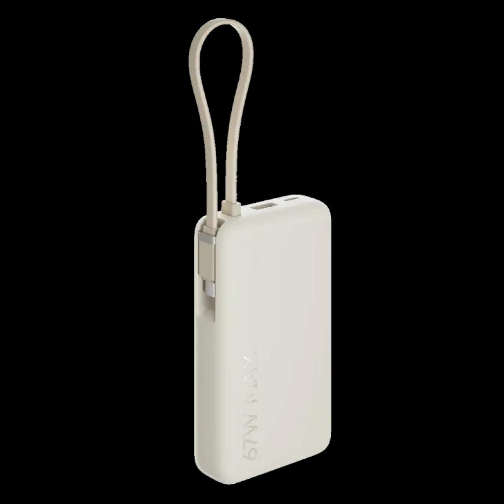 Vue à 45 degrés du Xiaomi 67W Power Bank 10000 avec câble USB-C intégré, couleur beige