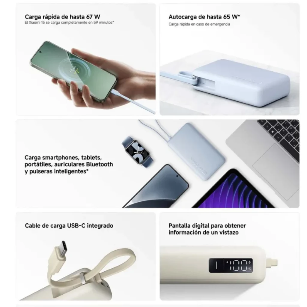 Caractéristiques principales du Xiaomi 67W Power Bank 10000, notamment sa prise en charge de plusieurs appareils, sa puissance de charge, son câble intégré et son écran numérique