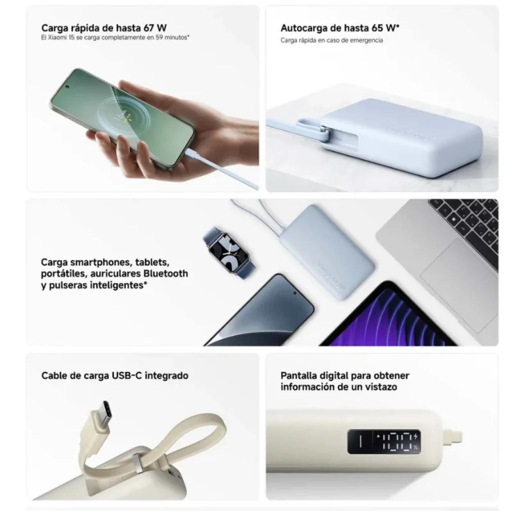 Caractéristiques principales du Xiaomi 67W Power Bank 10000, notamment sa prise en charge de plusieurs appareils, sa puissance de charge, son câble intégré et son écran numérique