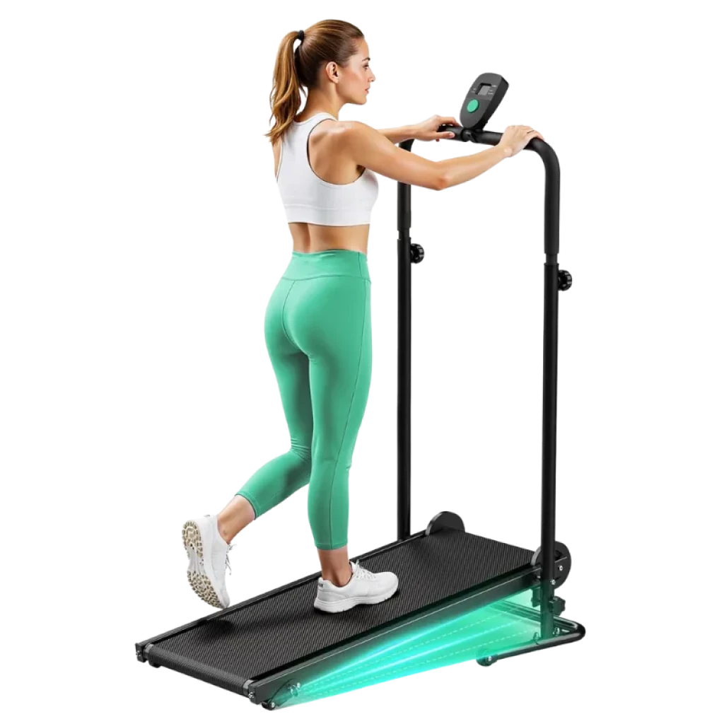 Akluer RJ401 cinta de correr plegable sin motor con inclinación 5%, barandales altos, pantalla frontal y base antideslizante con luz LED verde