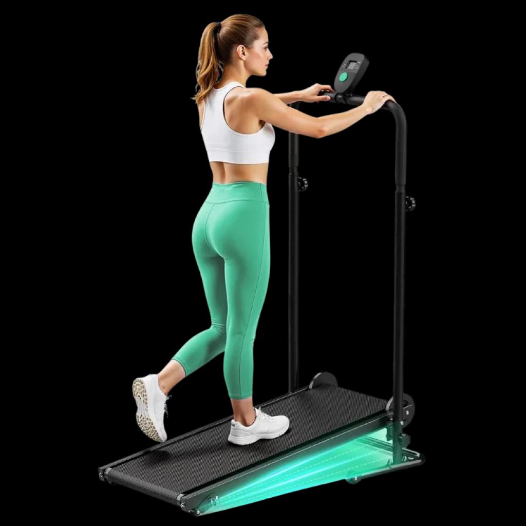 Akluer RJ401 cinta de correr plegable sin motor con inclinación 5%, barandales altos, pantalla frontal y base antideslizante con luz LED verde