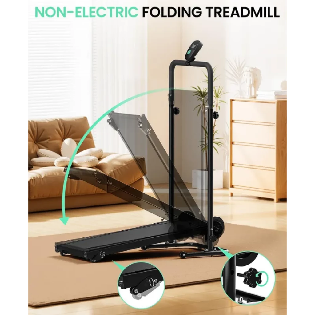 Akluer RJ401 cinta de correr plegable sin motor, estructura negra compacta, inclinación 5%, pantalla superior y ruedas de transporte para fácil guardado