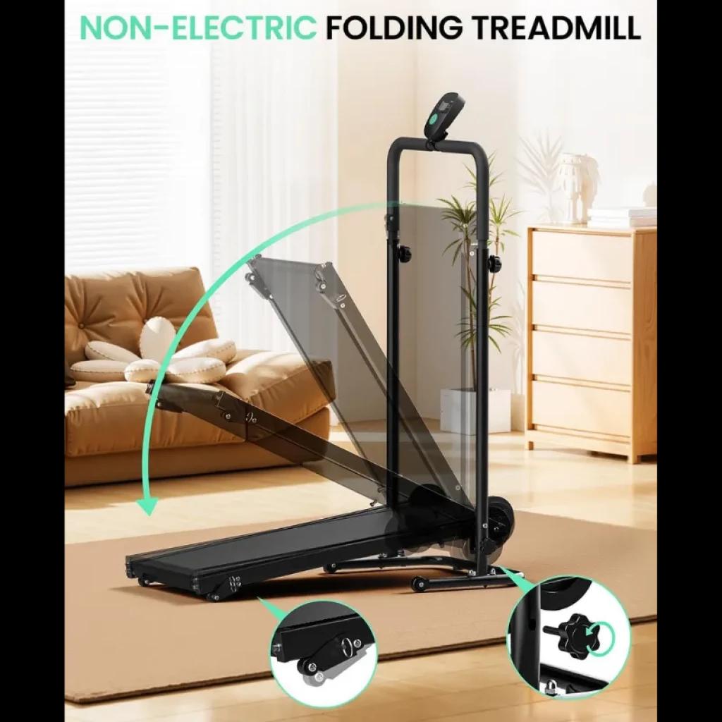 Akluer RJ401 cinta de correr plegable sin motor, estructura negra compacta, inclinación 5%, pantalla superior y ruedas de transporte para fácil guardado