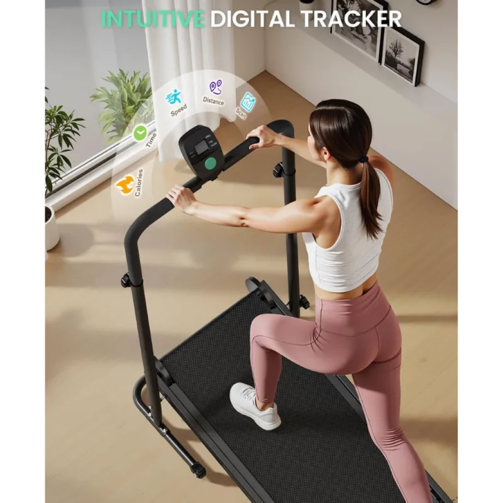 Akluer RJ401 cinta de correr plegable sin motor con inclinación 5%, pasamanos estables y monitor digital de ritmo, calorías, distancia y velocidad