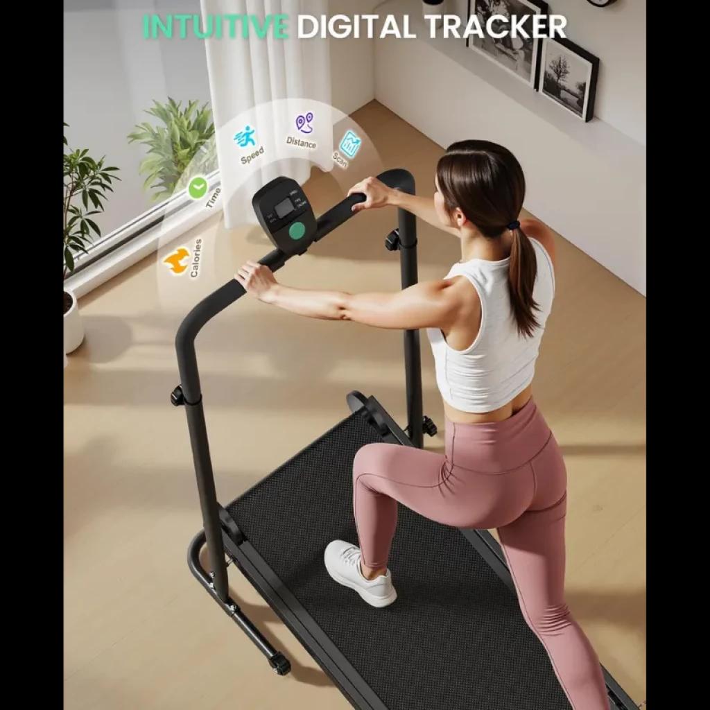 Akluer RJ401 cinta de correr plegable sin motor con inclinación 5%, pasamanos estables y monitor digital de ritmo, calorías, distancia y velocidad