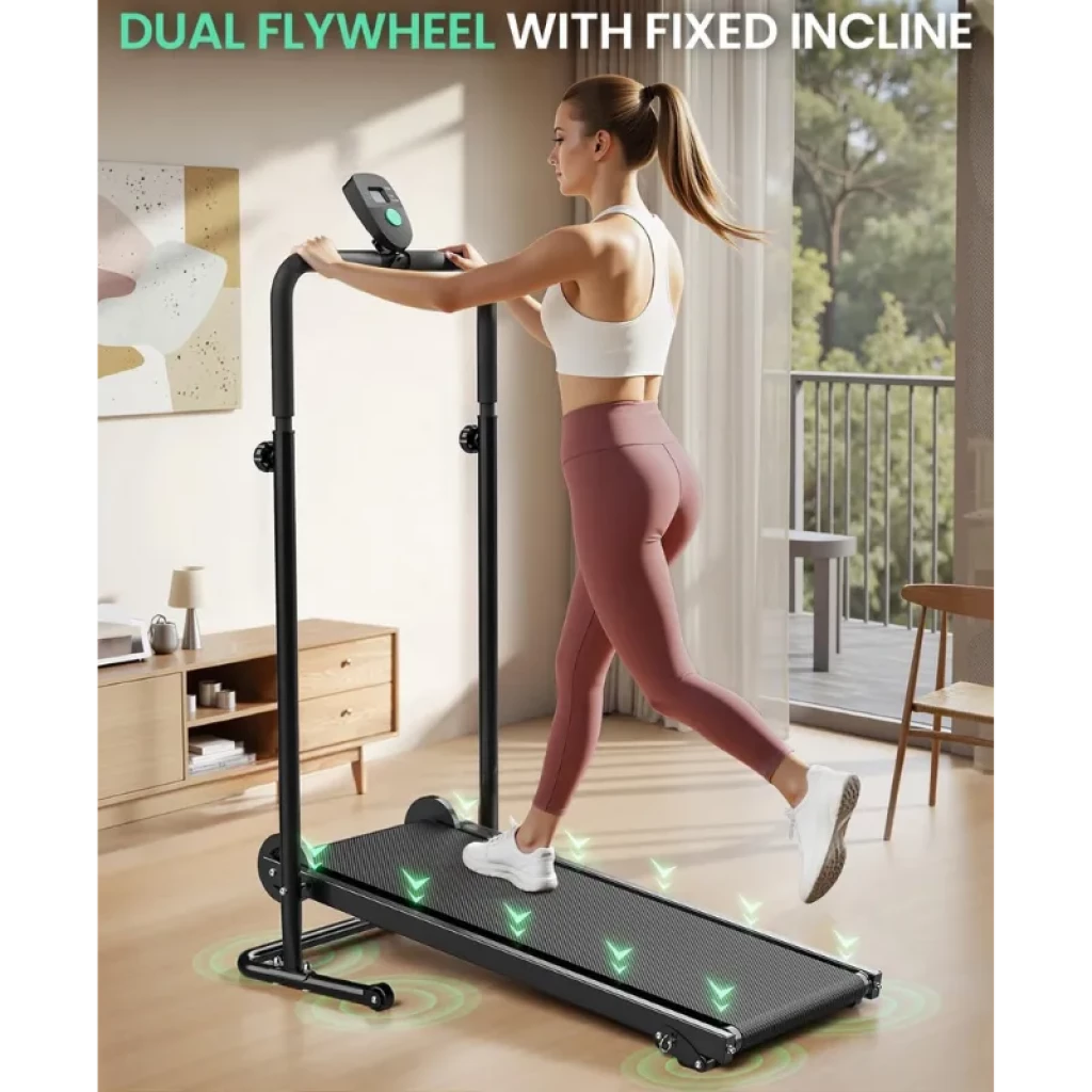 Akluer RJ401 cinta de correr plegable sin motor, inclinación fija 5%, doble volante, barandales altos, pantalla frontal y superficie antideslizante compacta