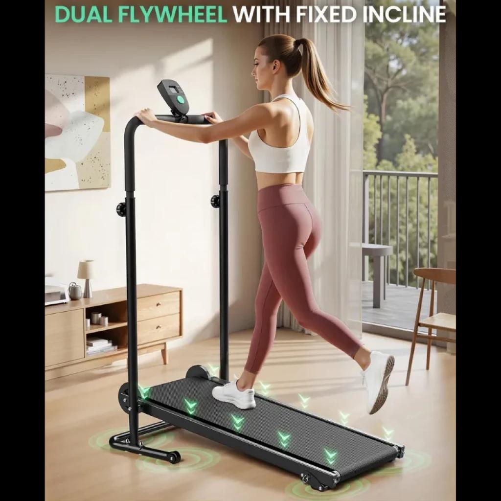 Akluer RJ401 cinta de correr plegable sin motor, inclinación fija 5%, doble volante, barandales altos, pantalla frontal y superficie antideslizante compacta