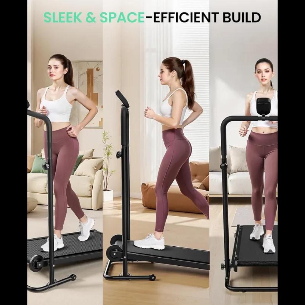 Akluer RJ401 cinta de correr plegable sin motor, inclinación 5%, diseño compacto con barandilla y pantalla frontal, base antideslizante y ruedas móviles