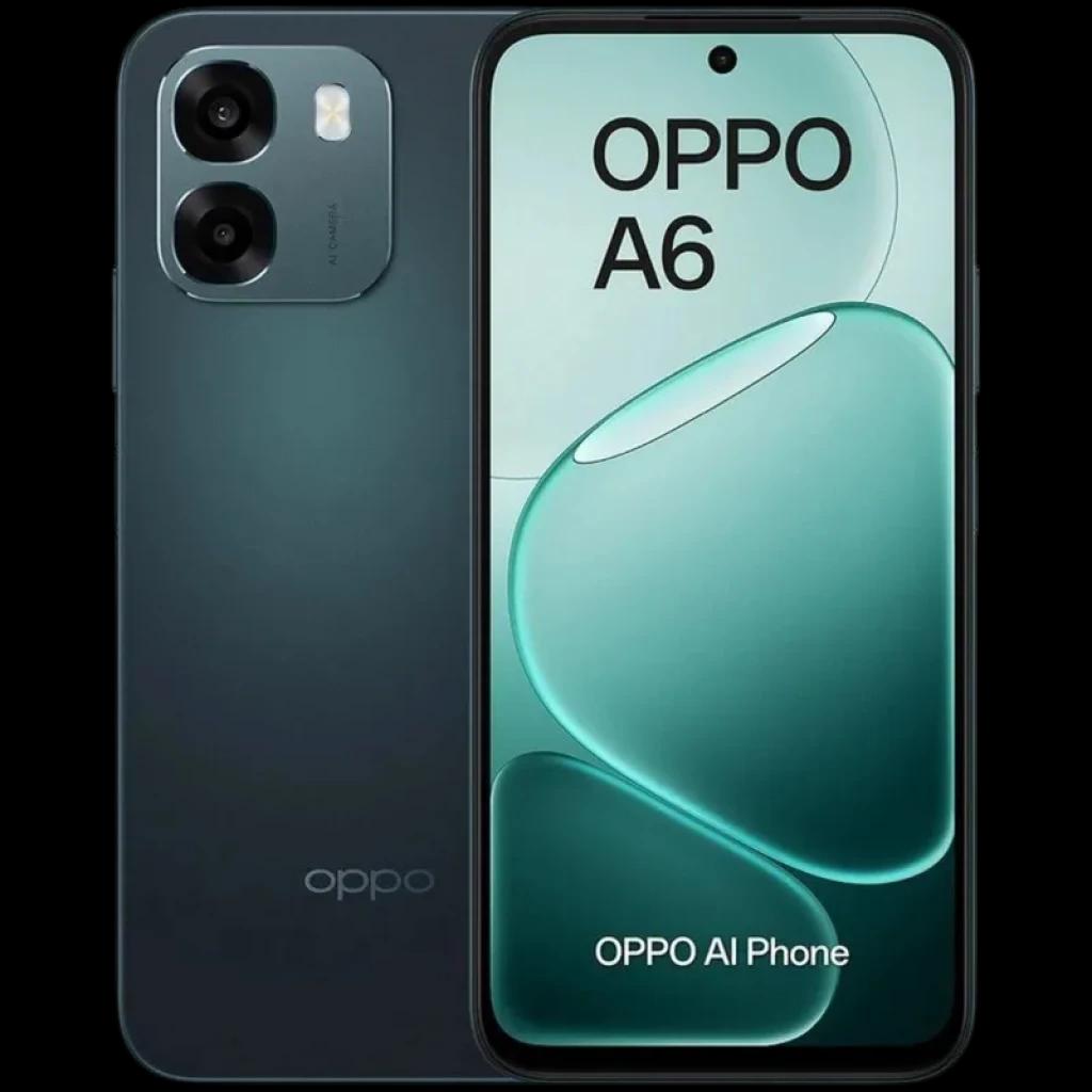 Oppo A6 Sapphire Azul com ecrã AMOLED 6,57, traseira azul mate, módulo duplo de câmara e furo central no ecrã; design elegante e moderno