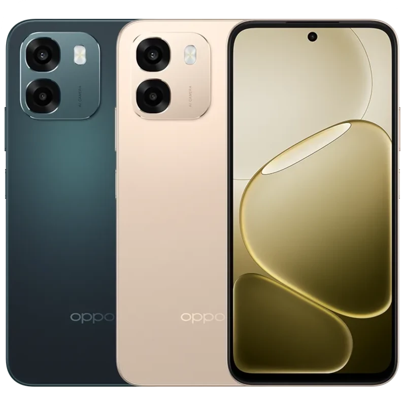 Oppo A6 Sapphire Azul com traseira azul fosca e dourada, módulo duplo de câmeras saliente, bordas arredondadas e ecrã AMOLED perfurado de 6,57 polegadas