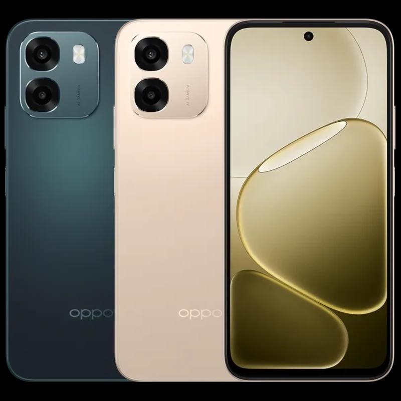 Oppo A6 Sapphire Azul com traseira azul fosca e dourada, módulo duplo de câmeras saliente, bordas arredondadas e ecrã AMOLED perfurado de 6,57 polegadas