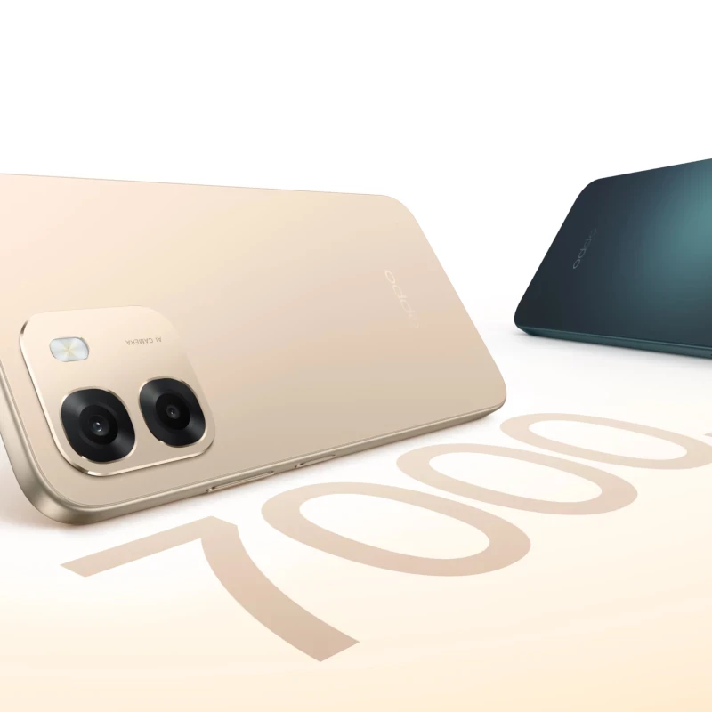 Oppo A6 256 GB Sapphire Azul com ecrã AMOLED 6,57, dupla câmara traseira saliente e destaque para bateria 7000 mAh em tipografia grande na cena