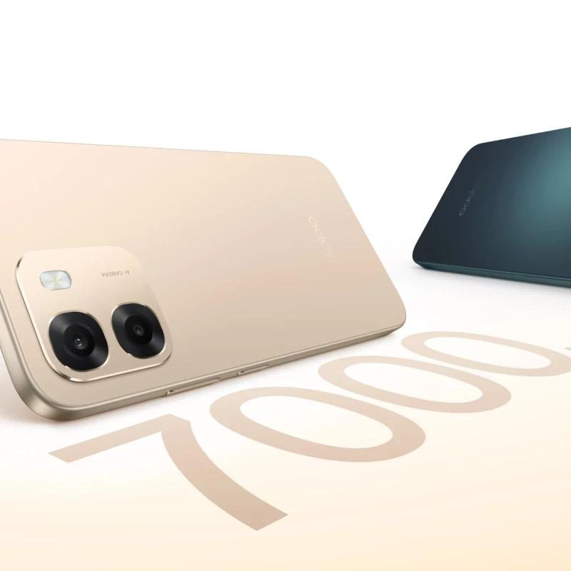 Oppo A6 256 GB Sapphire Azul com ecrã AMOLED 6,57, dupla câmara traseira saliente e destaque para bateria 7000 mAh em tipografia grande na cena