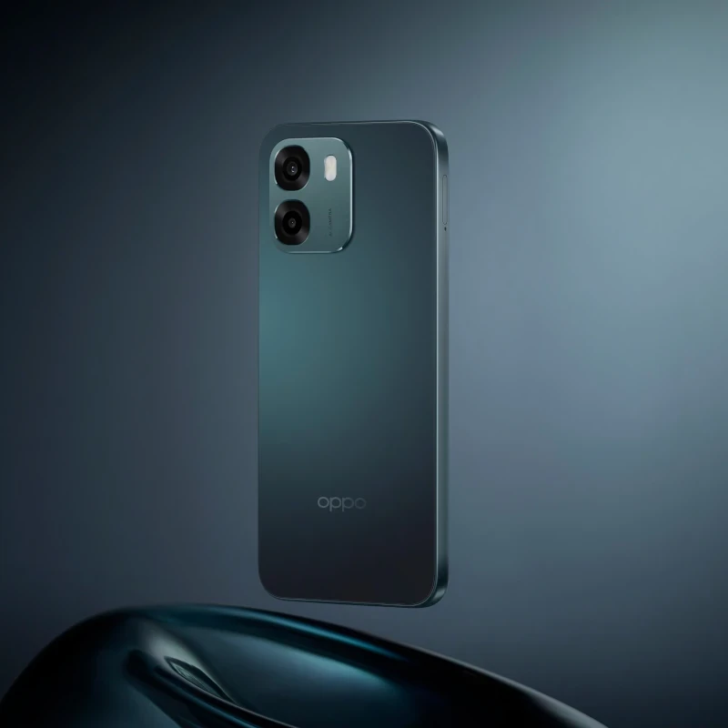 Oppo A6 Sapphire Azul com traseira fosca elegante e módulo duplo de câmeras saliente; design minimalista em tom azul escuro, bordas retas e acabamento premium