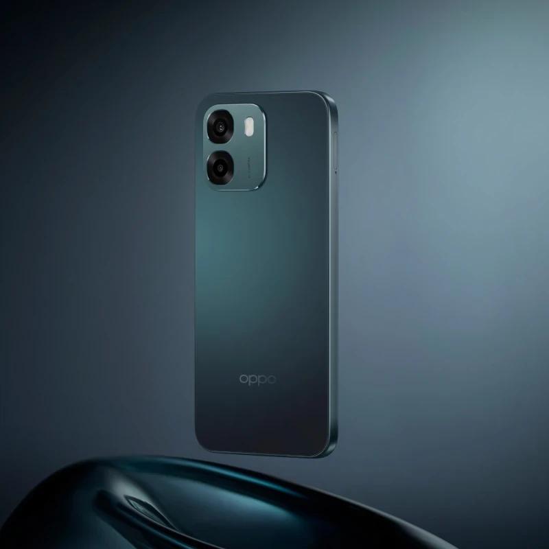 Oppo A6 Sapphire Azul com traseira fosca elegante e módulo duplo de câmeras saliente; design minimalista em tom azul escuro, bordas retas e acabamento premium